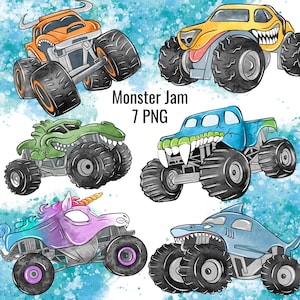 Monster Jam watercolor clipart bundle featuring colorful monster trucks including unicorn, shark, crocodile, dog, and classic racing truck designs with oversized tires on bright blue watercolor splash backgrounds, perfect for birthday parties, truck