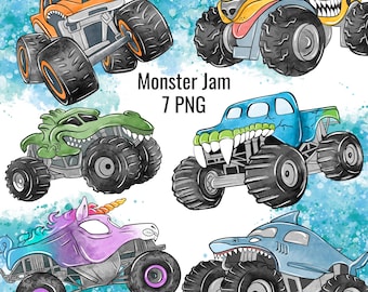 Pacchetto di clipart ad acquerello di Monster Jam: camion, unicorno, squalo, kit PNG (download digitale)