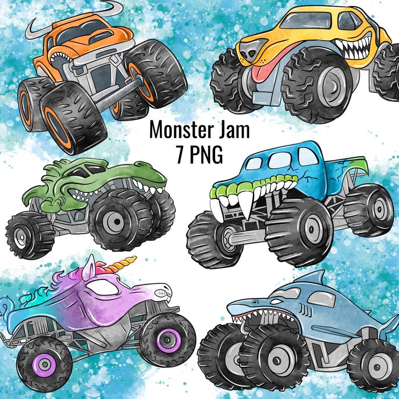 Monster Jam watercolor clipart bundle featuring colorful monster trucks including unicorn, shark, crocodile, dog, and classic racing truck designs with oversized tires on bright blue watercolor splash backgrounds, perfect for birthday parties, truck