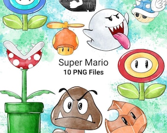 Pacchetto di clipart ad acquerello di Super Mario - Accessori per videogiochi Nintendo PNG (Download digitale)
