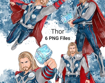 Pacchetto di clipart ad acquerello di Thor, supereroe in formato PNG (download digitale)