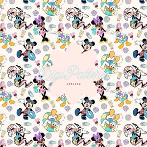 May include: A repeating pattern featuring Mickey Mouse, Minnie Mouse, Donald Duck, and Daisy Duck in beach attire. The design includes sunglasses, beach balls, sunscreen, seashells, and ice cream cones on a cream background.