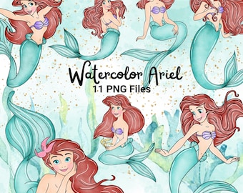 Pacchetto di immagini PNG ad acquerello della Sirenetta, clipart di Ariel della Disney (download digitale)