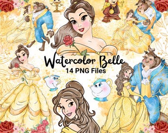 Pacchetto di clipart di Belle ad acquerello de La Bella e la Bestia Disney in formato PNG (download digitale)