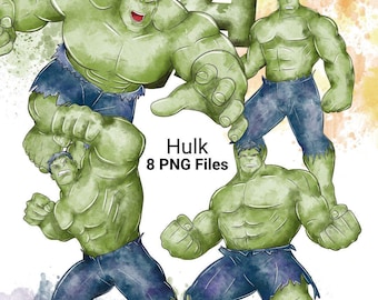 Pacchetto di clipart ad acquerello di Hulk, supereroe Marvel Studios PNG (download digitale)