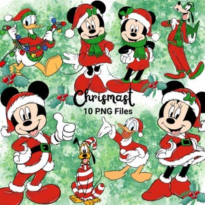 Peut inclure: Illustration numérique avec Mickey et Minnie Mouse, Donald Duck, Dingo et Pluto en tenues de Noël. Les personnages portent des tenues rouges et blanches sur le thème du Père Noël, avec des accents de houx et le texte "Christmast 10 PNG Files".
