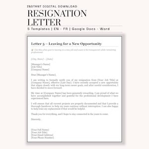 Puede incluir: Descarga digital de una plantilla de carta de renuncia. El documento incluye el título "RESIGNATION LETTER" y el texto "5 Templates | EN - FR | Google Docs - Word". La carta se titula "Letter 5 - Leaving for a New Opportunity".