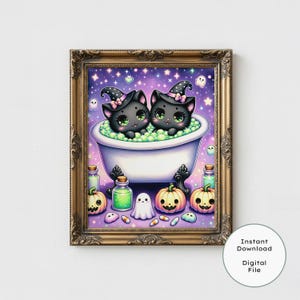 Whimsical Halloween Cat Art Print | Black Cats in Vintage Bath | Magical Storybook Watercolor Painting | Cozy Fantasy Wall Decor