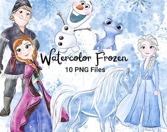 Pacchetto di clipart ad acquerello di Frozen Disney: Elsa, Anna, Olaf in formato PNG (download digitale)