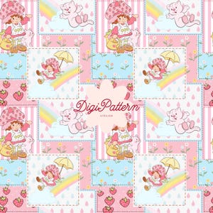 May include: A repeating pattern featuring a cartoon character with a strawberry hat, a pink cat, rainbows, and strawberries. The design includes pink, blue, and white squares with a DigiPattern Atelier logo.