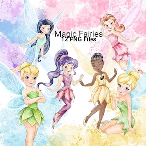 May include: A watercolour illustration featuring six fairies with vibrant wings and dresses. The fairies are depicted in different poses, set against a soft, pastel backdrop. Text reads "Magic Fairies 12 PNG Files."