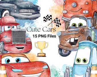 Pacchetto di clipart di auto carine ad acquerello, veicoli Pixar PNG (download digitale)