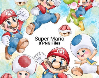 Super Mario Watercolor Clipart Bundle Yoshi Toad PNG (Digital Download)