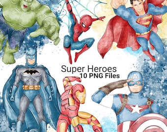 Pacchetto di clipart ad acquerello di supereroi Marvel DC in formato PNG (download digitale)