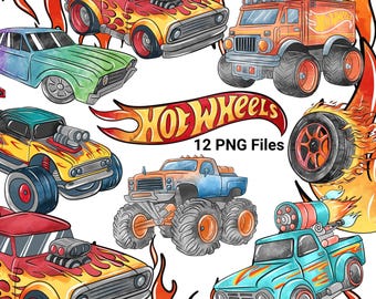 Zestaw akwarelowych clipartów Hot Wheels Race Cars Flames PNG (do pobrania w wersji cyfrowej)