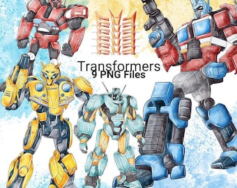 Pakiet akwarelowych clipartów Transformers Robots PNG (pobieranie cyfrowe)
