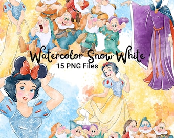 Pacchetto di clipart di Biancaneve ad acquerello, principesse Disney, realizzate a mano (download digitale)