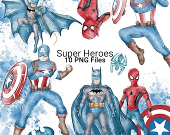 Pacchetto di clipart ad acquerello di supereroi Marvel e DC in formato PNG (download digitale)