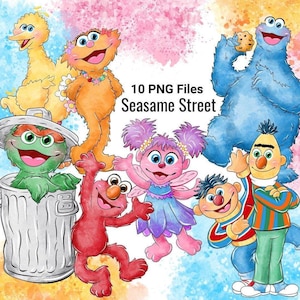 May include: A colorful illustration featuring various Sesame Street characters, including Big Bird, Elmo, Cookie Monster, and Oscar the Grouch. The image includes the text "10 PNG Files Sesame Street" against a watercolor background.