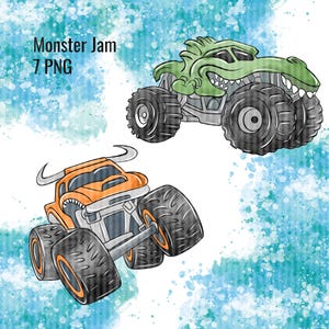 Unicorn monster truck watercolor clipart with pastel purple body, rainbow mane, and oversized wheels on a vibrant watercolor splash background, perfect for kids birthday party decor, custom stickers, scrapbooking, cake toppers, and whimsical truck th