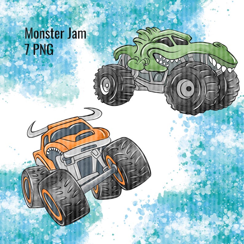 Unicorn monster truck watercolor clipart with pastel purple body, rainbow mane, and oversized wheels on a vibrant watercolor splash background, perfect for kids birthday party decor, custom stickers, scrapbooking, cake toppers, and whimsical truck th