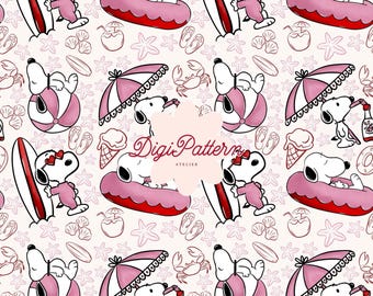 Carta con motivo senza cuciture di Snoopy estivo e conchiglie rosa sulla spiaggia (download digitale)