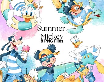 Clipart di Topolino in versione estiva ad acquerello, pacchetto PNG per vacanze al mare a Disney (download digitale)