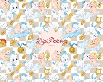 Motivo senza cuciture per Baby Hercules Disney, design mitologico ad acquerello beige (download digitale)