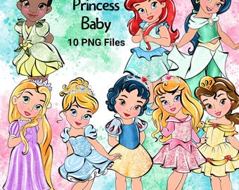 Pacchetto di immagini PNG delle principesse Disney Baby: Cenerentola, Ariel, Biancaneve, Belle, Rapunzel (download digitale)