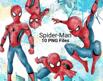 Pacchetto di clipart ad acquerello di Spider-Man, supereroe Marvel in formato PNG (download digitale)