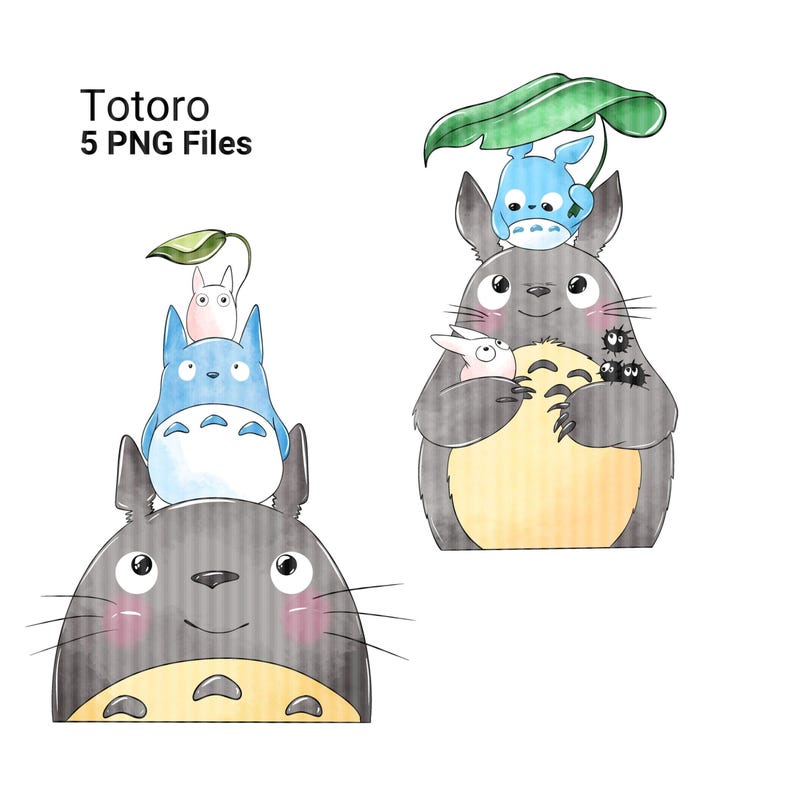 Totoro watercolor clipart collection with adorable Totoro poses and forest spirits from Studio Ghibli ideal for scrapbooking party invitations and sublimation