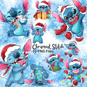 May include: A collection of blue cartoon characters, each in a festive Christmas theme. The characters are wearing Santa hats and scarves, holding gifts, and string lights. The text "Chrismast Stitch" and "10 PNG Files" is also visible.