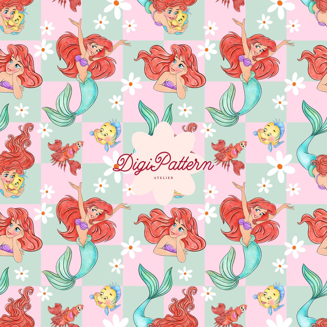 Ariel Little Mermaid Seamless Pattern Pink Mint Checkered Paper ...