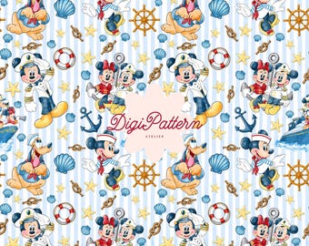 Carta da parati digitale con motivo nautico senza cuciture di Topolino e Minnie in stile marinaro (download digitale)