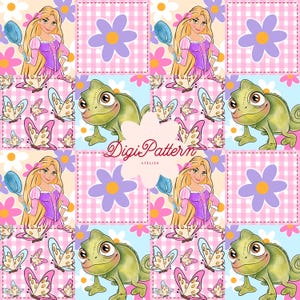 Patrón sin costuras Rapunzel Pascal Patchwork Floral de cuadros rosas (Descarga digital)