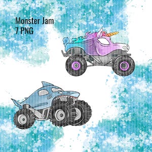 Orange monster truck watercolor clipart in a bold racing pose with giant wheels and playful cartoon style on a bright watercolor splash background, ideal for truck birthday invitations, planner stickers, printable decorations, party favors, and excit