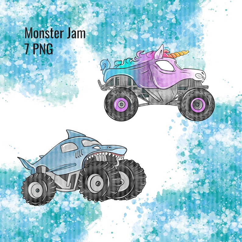Orange monster truck watercolor clipart in a bold racing pose with giant wheels and playful cartoon style on a bright watercolor splash background, ideal for truck birthday invitations, planner stickers, printable decorations, party favors, and excit