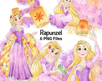 Set di clipart di Rapunzel e lanterne, Principesse Disney, acquerello PNG (download digitale)