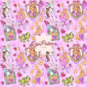 May include: A pink digital pattern featuring illustrations of a blonde princess, a green chameleon, a white horse, and floating lanterns. The phrase "AT LAST I SEE THE LIGHT" is also included in the design. The pattern is repeated across the image.