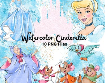 Pacchetto di immagini PNG di Cenerentola ad acquerello, clipart Disney fatte a mano delle principesse (download digitale)
