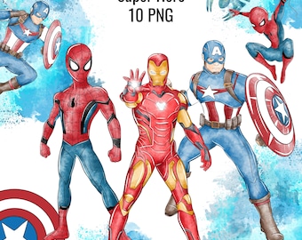 Pacchetto di clipart ad acquerello dei supereroi Marvel: Spiderman, Iron Man, Captain America (download digitale)