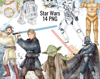 Pacchetto di clipart ad acquerello di Star Wars: Yoda, Darth Vader e spada laser in formato PNG (download digitale)