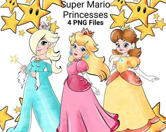 Pacchetto di clipart ad acquerello delle principesse di Super Mario - Videogiochi Nintendo PNG (Download digitale)