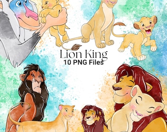 Pacchetto di clipart ad acquerello Disney Il Re Leone con animali della giungla in formato PNG (download digitale)