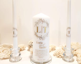 Personalized Elegant Wedding Unity Candle Set With Candleholders and Magnetic Gift Box/ Gold, Rose Gold, Silver Leaf, Customizable Unscented