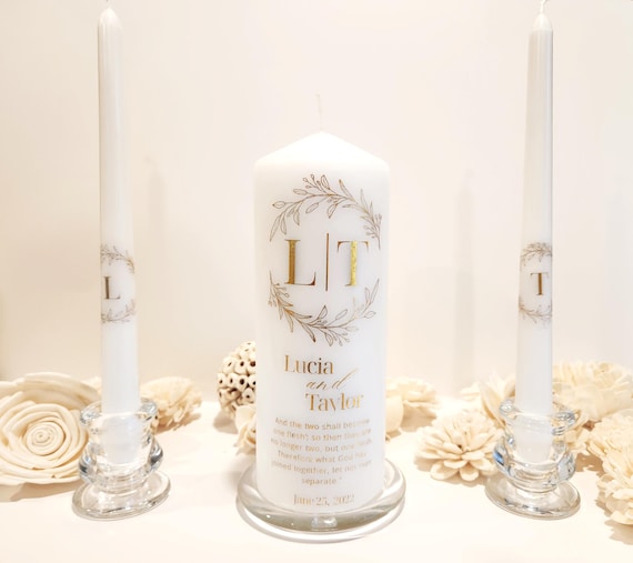 Personalized Elegant Wedding Unity Candle Set With Candleholders and Magnetic Gift Box/ Gold, Rose Gold, Silver Leaf, Customizable Unscented