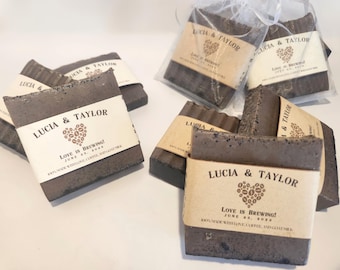 Personalized Coffee Soap Wedding Favors w Labels & Bags, Love is Brewing, Wedding Favor Soap for Coffee Lovers Coffee Soap Favors for Guests