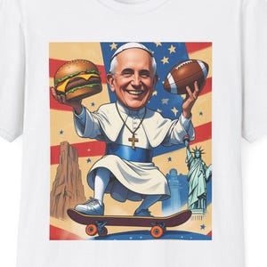 Maglietta con un divertente cartone animato del Papa americano, maglietta con grafica religiosa umoristica, top unisex in stile morbido, abbigliamento da chiesa con scherzi, maglietta originale del vescovo