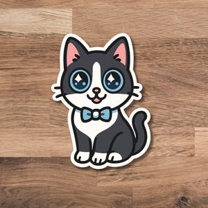 Sticker chat smoking mignon Sticker chat en vinyle kawaii avec noeud papillon bleu Sticker étanche pour ordinateur portable, journal ou bouteille d'eau