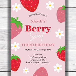Strawberry Birthday Party Invitation | Editable Digital Invite for Girls | Berry Sweet Theme | Kids Printable Summer Party Template